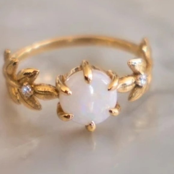 🌸 Dainty Opal CZ Gold Plated Beautiful Fashion Leaf Trendy Ring Women,UNVN12038 - Picture 3 of 5